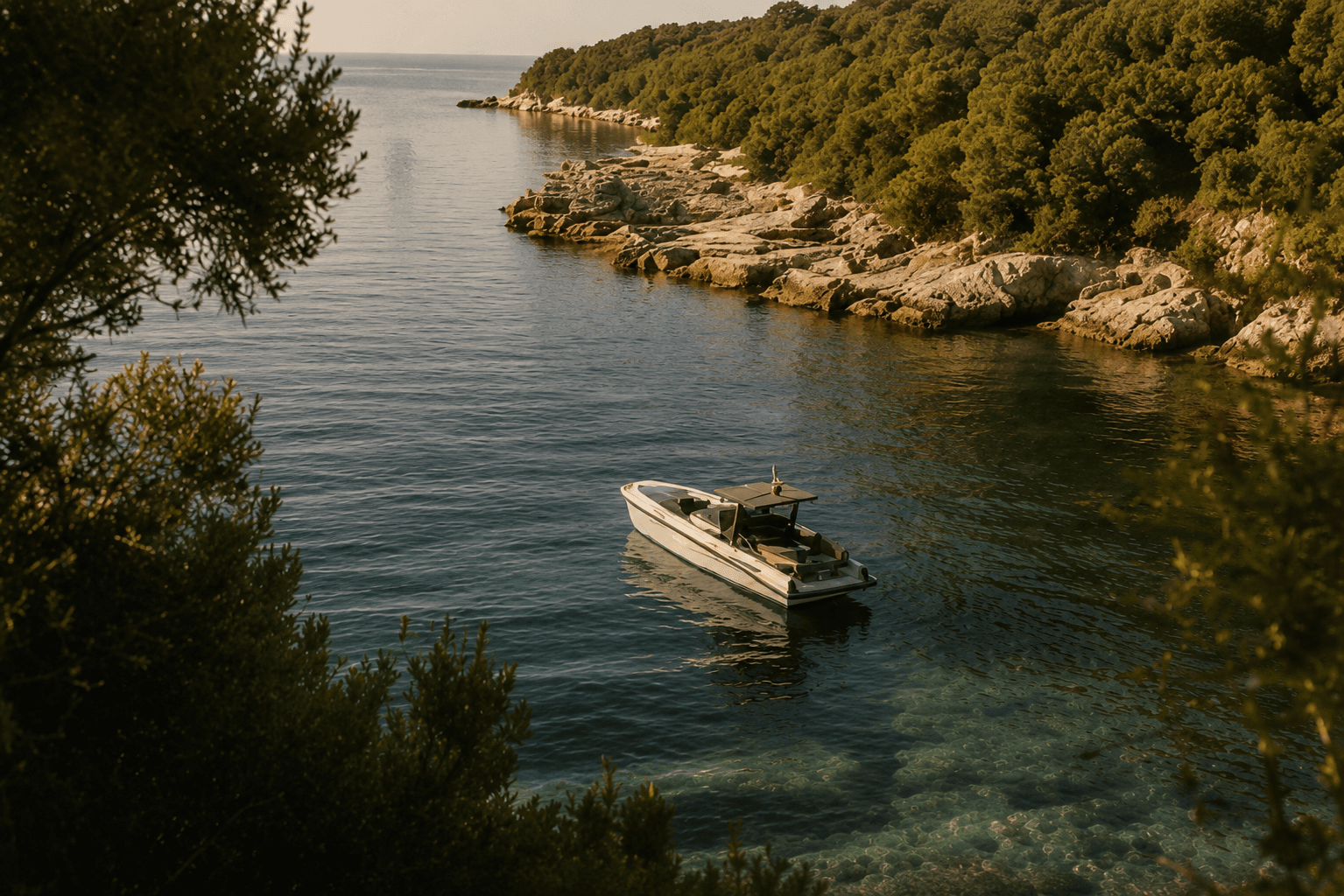 A small private cruiser at rest in an emerald cove of the Ionian