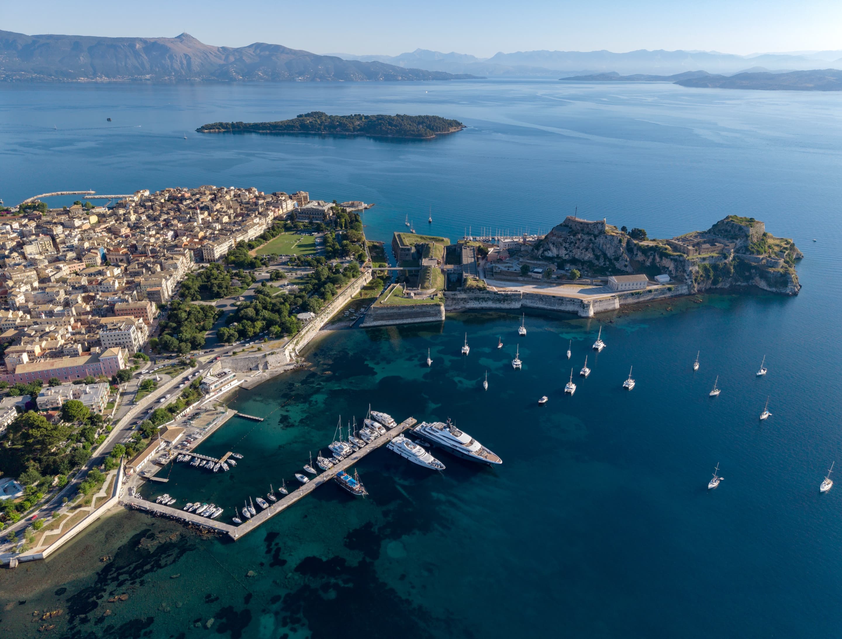 Aerial view of Corfu Old Town, its fortress and marina on the Ionian